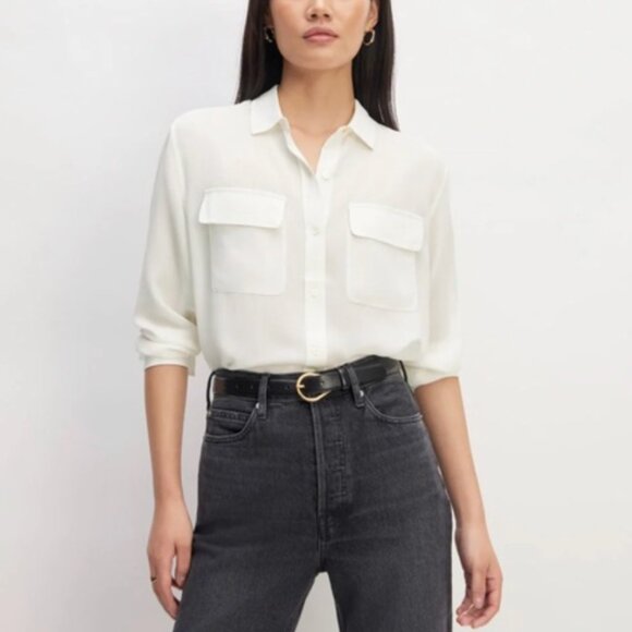 EVERLANE The Washable Clean Silk Two-Pocket Relaxed Shirt Off-White 12 NWT